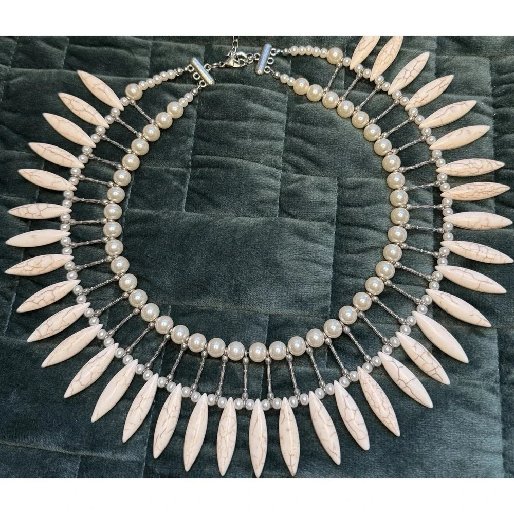 Vintage Pearl Stone Tribal Style Statement Bib Necklace costume jewelry